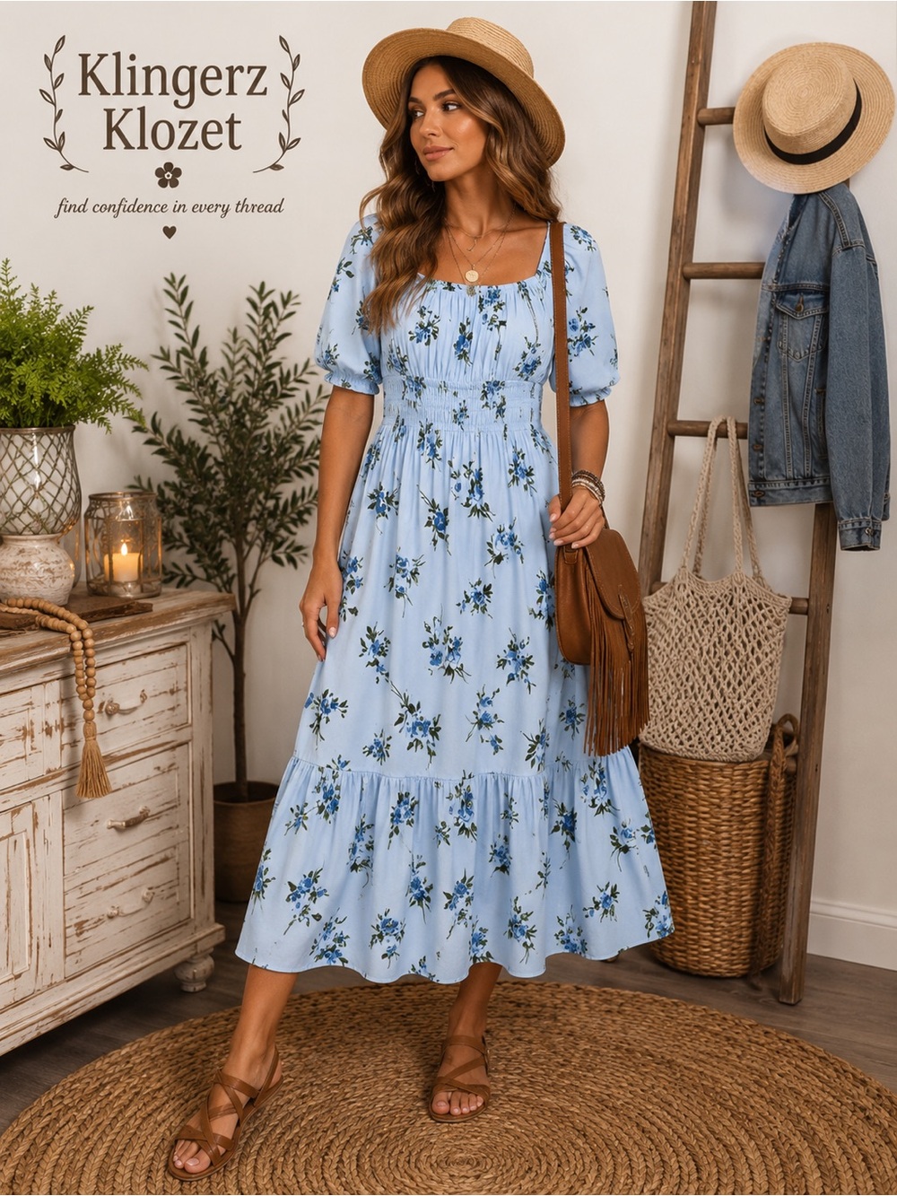 Light Blue Floral Off or on -Shoulder midi/ Maxi Dress NWT